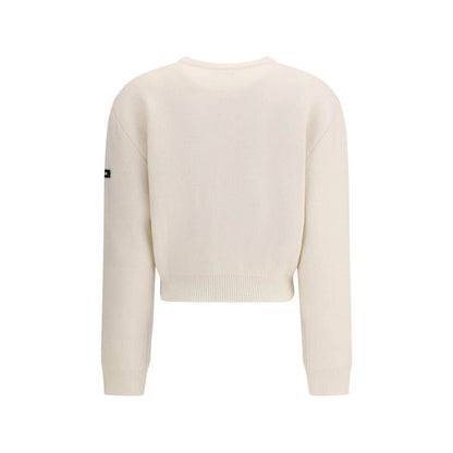 Back view of Balenciaga White Wool Sweatshirt, featuring a crew neck and logo patch on the sleeve.