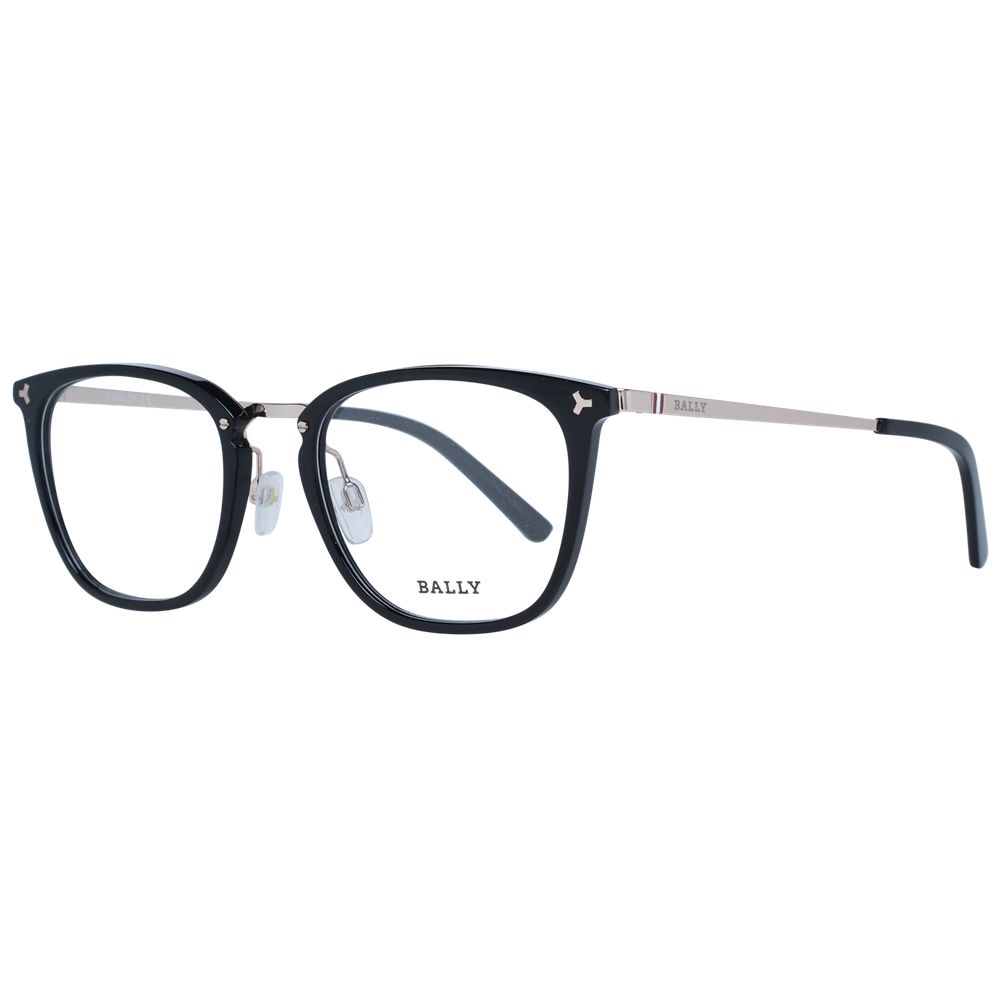 Bally Black Men Glasses Frame, metal black full-rim trapezium with demo lenses, size 53-21-145, includes branded case.