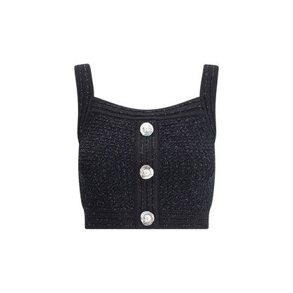 Balmain Black Polyamide Top with tweed fabric, square neckline, and embossed buttons.