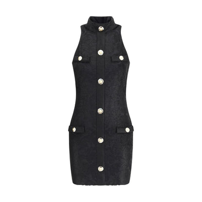 Balmain Black Viscose Cocktail Dress with gold buttons, baroque pattern, and slim fit, featuring American collar and back zipper closure.