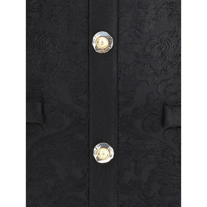 Detailed view of gold embossed buttons on Balmain Black Viscose Cocktail Dress with baroque pattern.