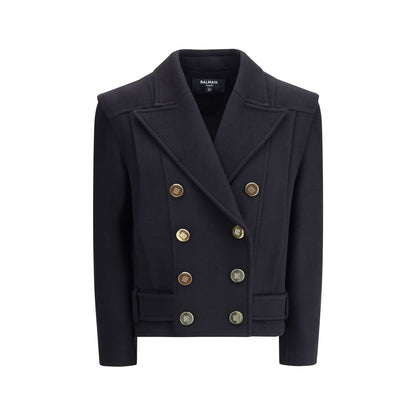 Balmain Black Wool Coat with engraved gold buttons, double-breasted design, and wide lapels. Sophisticated AW25 outerwear.