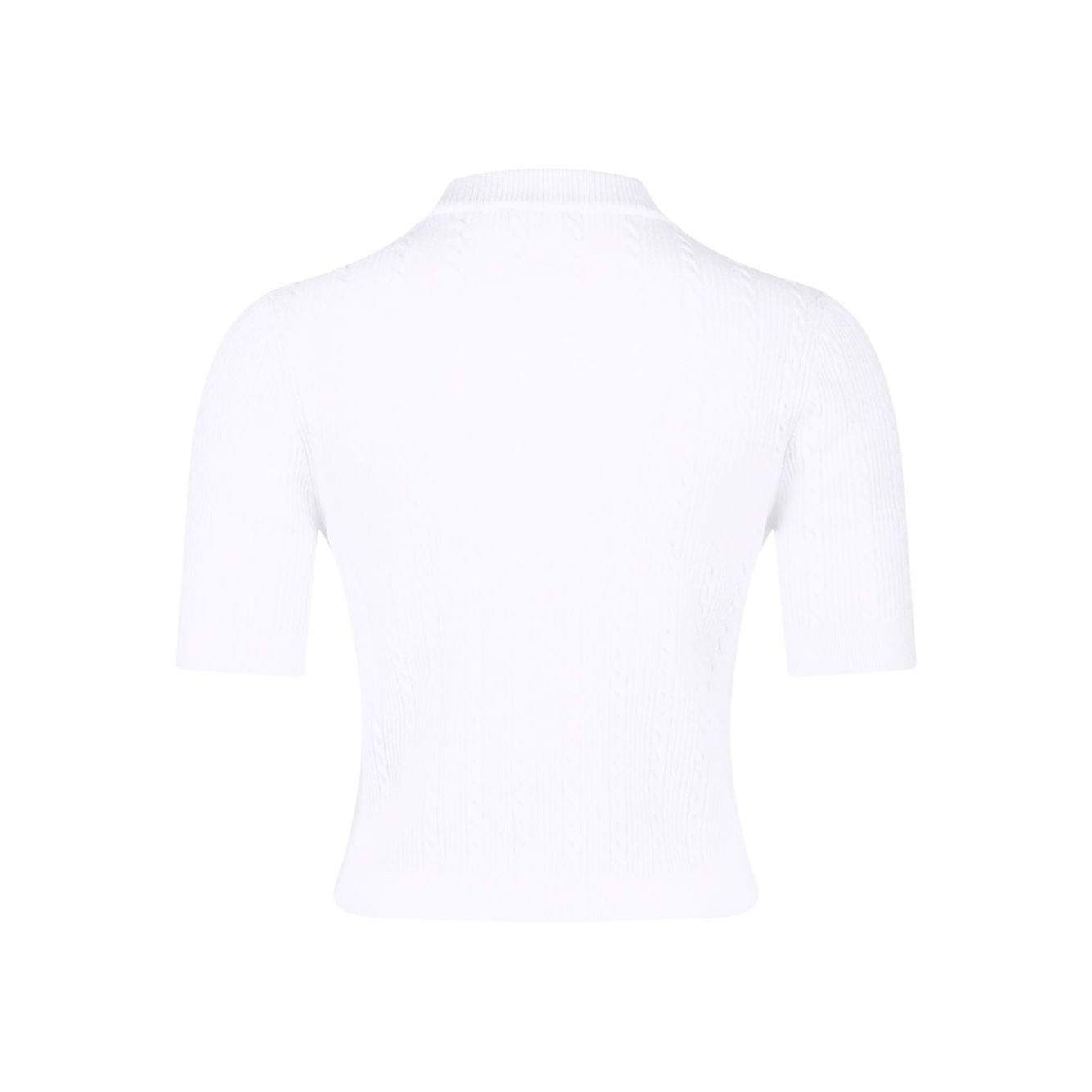 Back view of Balmain Ribbed buttoned top in white, featuring ribbed knit short sleeves and crewneck design.