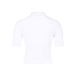 Back view of Balmain Ribbed buttoned top in white, featuring ribbed knit short sleeves and crewneck design.
