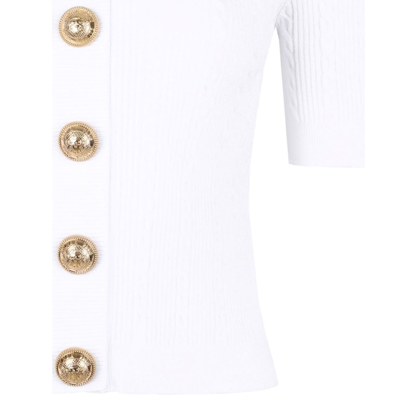 Balmain Ribbed buttoned top in white with gold front button fastening, short sleeves, ribbed texture, and crewneck style.