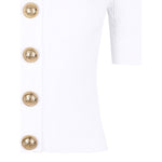 Balmain Ribbed buttoned top in white with gold front button fastening, short sleeves, ribbed texture, and crewneck style.