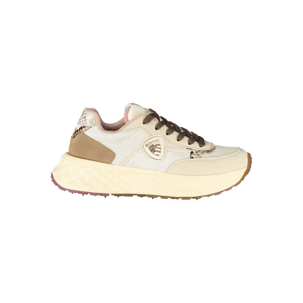 Blauer Beige Leather Women Sneaker with contrasting details and Blauer logo, featuring durable polyester and leather for stylish confidence.