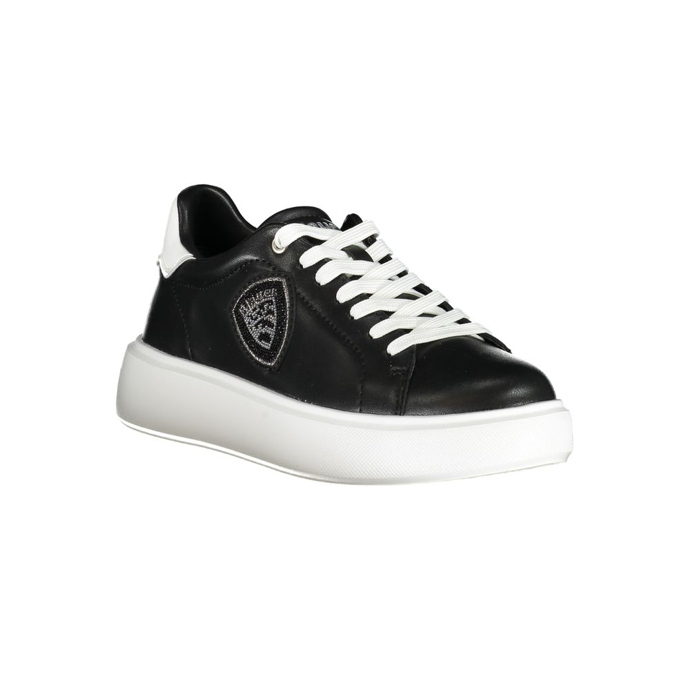 Blauer Black Leather Women Sneaker with rhinestone embellishments, removable insole, and iconic logo, featuring white accents on a black design.