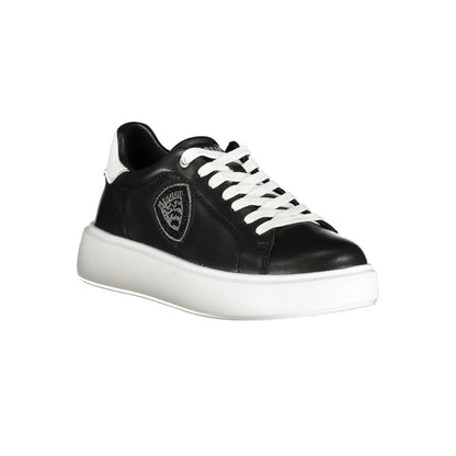 Blauer Black Leather Women Sneaker with rhinestone embellishments, removable insole, and iconic logo, featuring white accents on a black design.