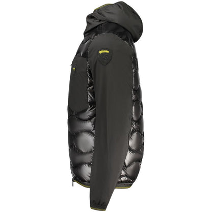 Blauer Black Polyamide Jackets & Coat with hood, 3 external pockets, contrasting details, logo applique, showcasing side view.