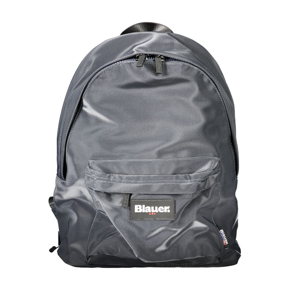 Blauer Blue Polyester Backpack with handle, adjustable straps, external pocket, and logo, showcasing zip closure and laptop compartment.