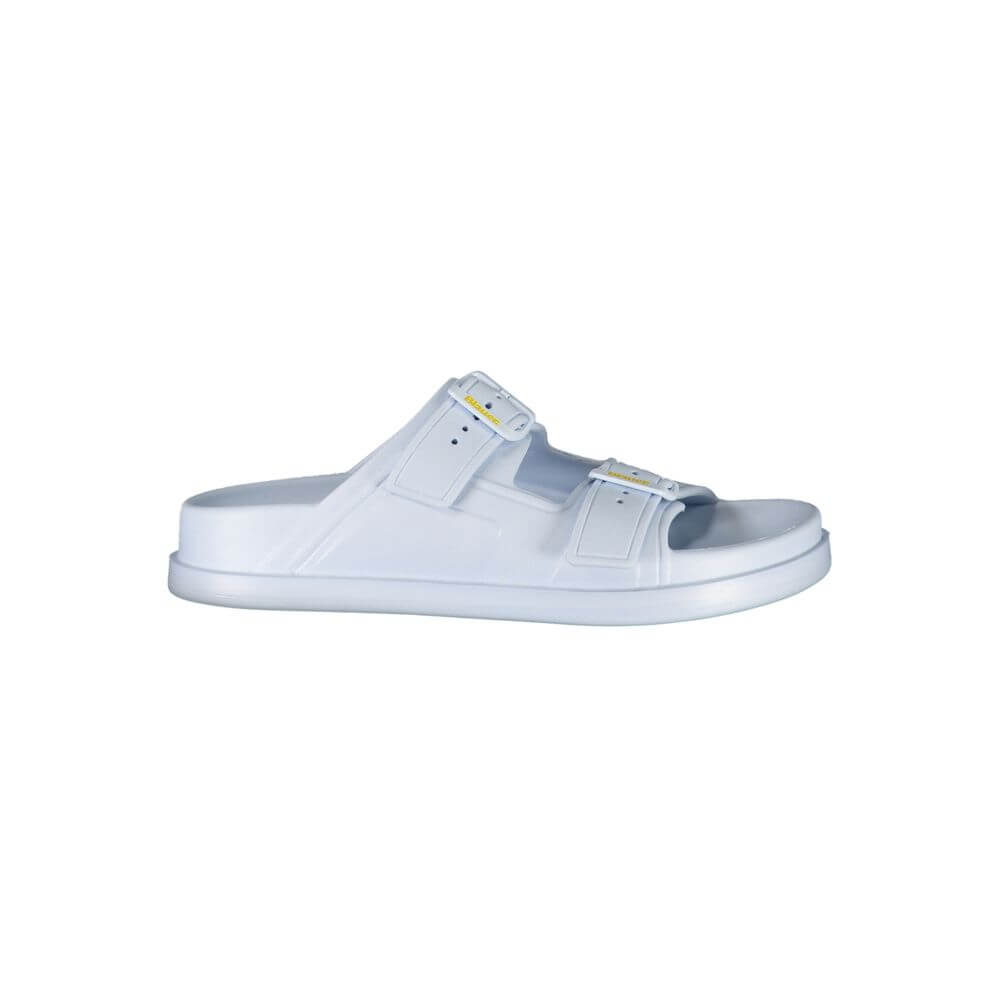 Blauer Blue Polyethylene Women Sandal with two adjustable buckles, featuring striking print and iconic logo, contemporary slip-on design.