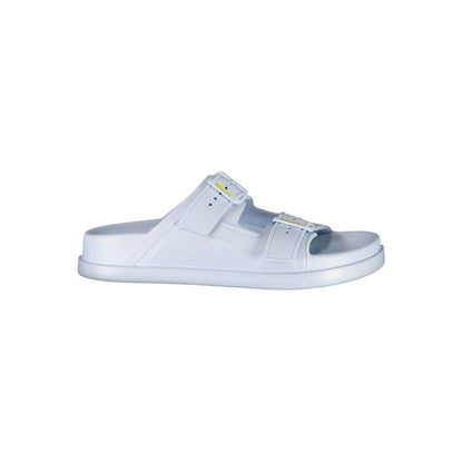 Blauer Blue Polyethylene Women Sandal with two adjustable buckles, featuring striking print and iconic logo, contemporary slip-on design.