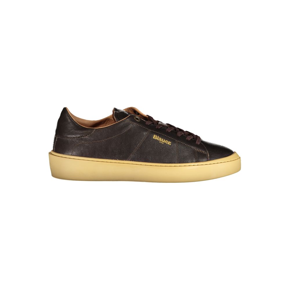 Blauer Brown Leather Men Sneaker with contrasting details and removable insole for comfort, featuring iconic brand logo on side.