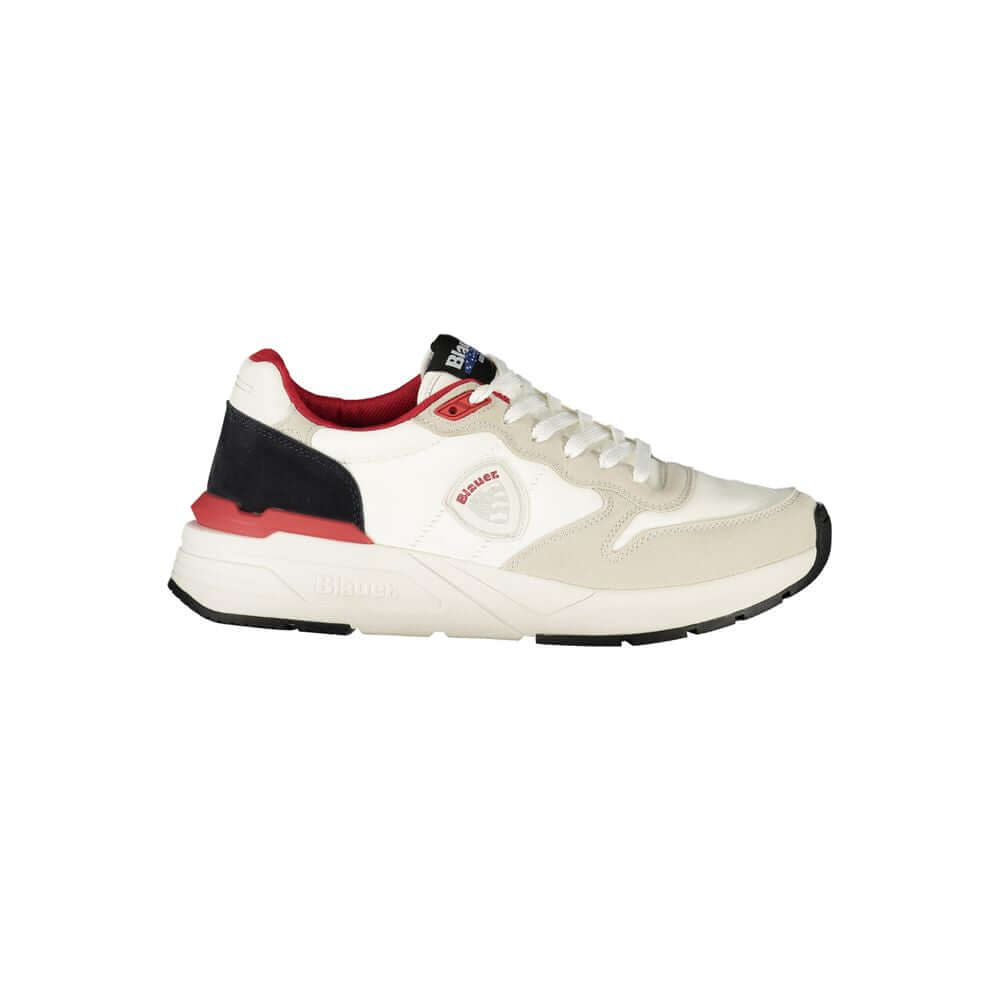 Blauer White Polyester Men Sneaker with red details and Blauer logo, stylish and dynamic athletic shoe.