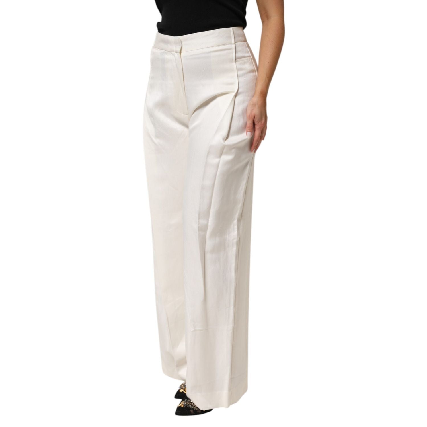 Brian Dales White Viscose Linen Wide Leg Palazzo Womens Pants
