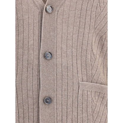 Close-up of Brioni Brown Wool Cardigan with V-neckline, button closure, ribbed design, and patch pockets for AW25 season.
