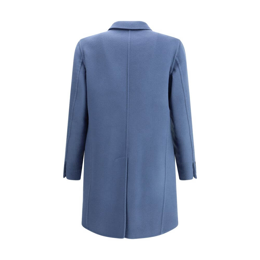 Alt Tag: Brioni Light Blue Wool Coat with classic lapel, button closure, and back vent for elegance, made of 70% wool, 30% cashmere.