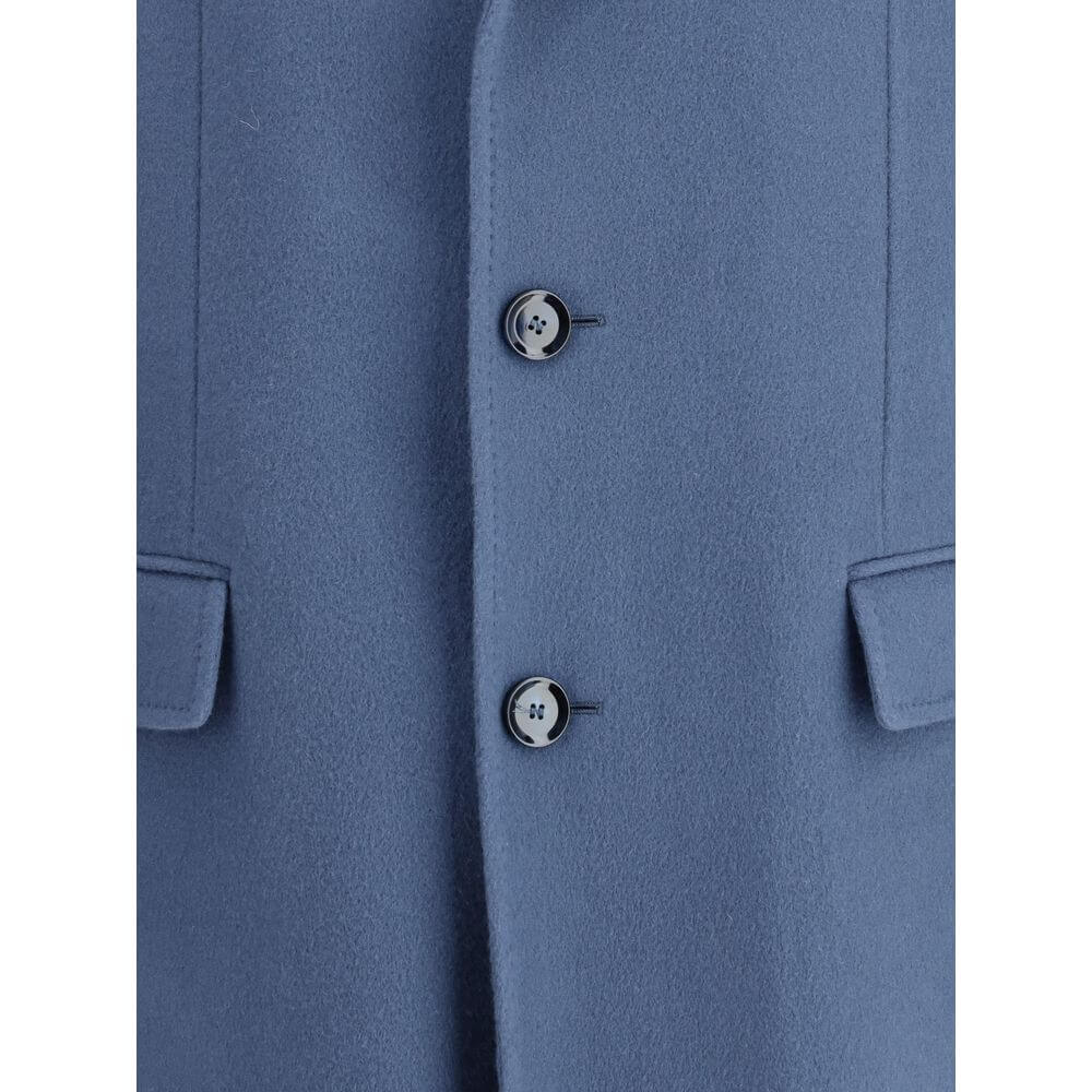 Brioni Light Blue Wool Coat featuring classic lapel, button closure, and flap welt pockets, made of 70% wool and 30% Kashmir.