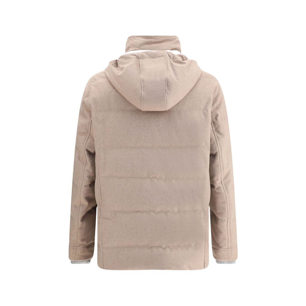 Brunello Cucinelli Beige Cashmere Coat with hood, back view showcasing refined design and functional elegance for winter style.
