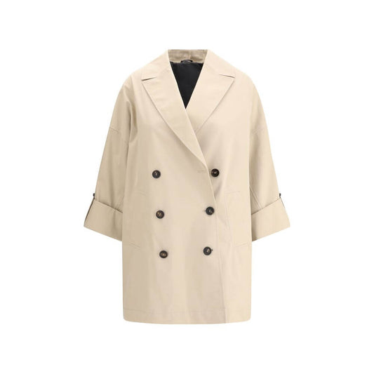 Brunello Cucinelli Beige Cotton Coat with wide lapel and jewel detail, AW25 collection, double-breasted closure for elegant style.