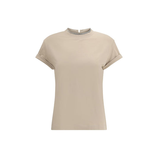 Brunello Cucinelli Beige Elastane T-Shirt with crewneck, keyhole back, and iconic contrasting appliqué jewels for AW25 season.