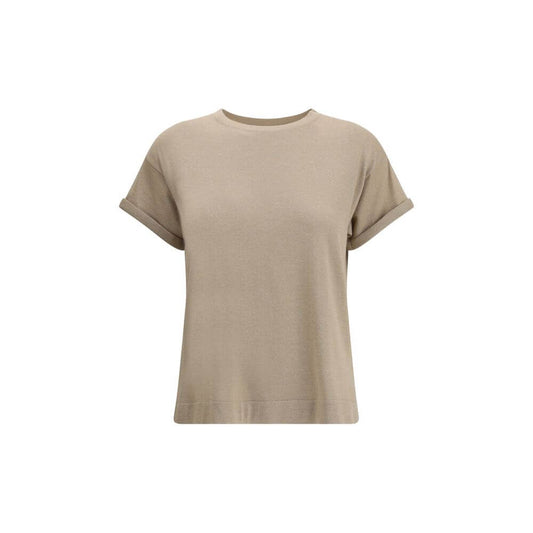 Brunello Cucinelli Beige Nylon T-Shirt with ribbed crew neck and glitter effect, luxury cashmere blend, perfect for AW25 casual style.