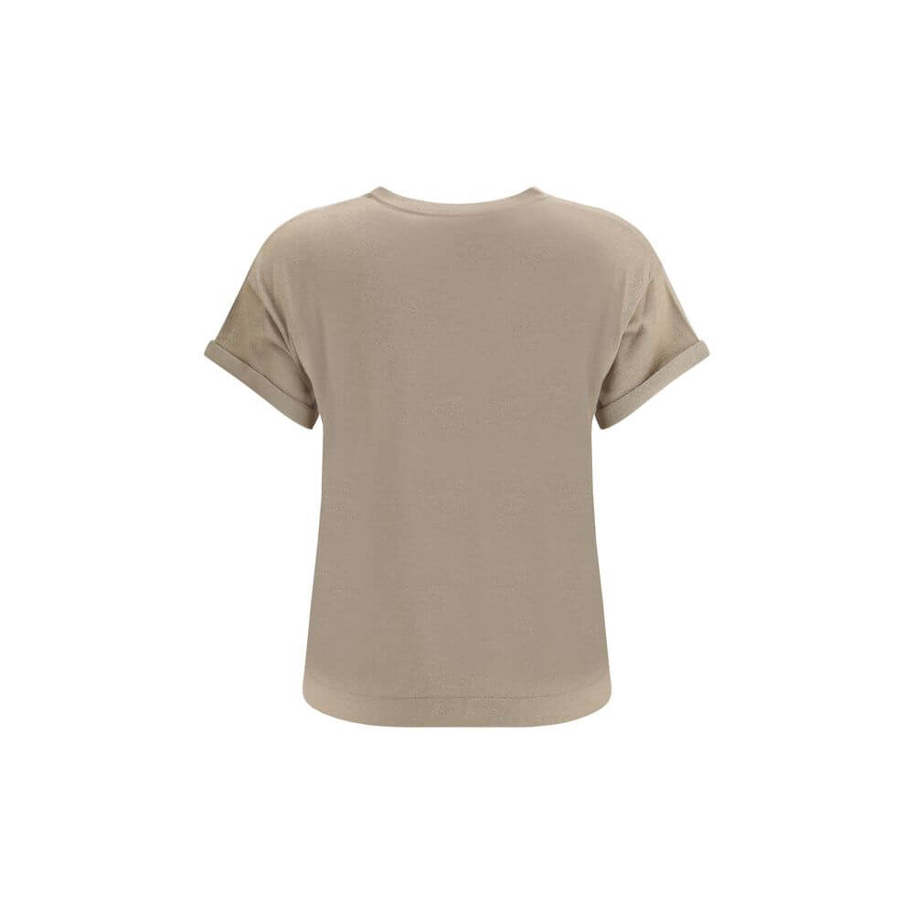Back view of Brunello Cucinelli Beige Nylon T-Shirt with ribbed crew neck and monochrome design, featuring a delicate glitter effect.