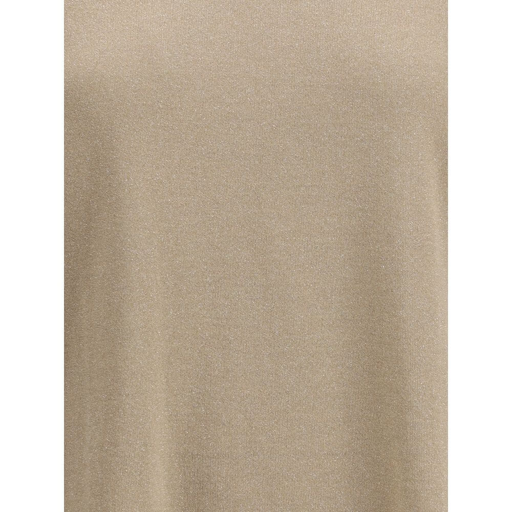Brunello Cucinelli Beige Nylon T-Shirt with ribbed crew neck and glitter effect, showcasing luxury and versatility for casual wear.