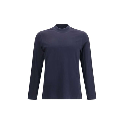 Brunello Cucinelli Blue Cotton Long Sleeve T-Shirt with ribbed crew neck, perfect for casual wear, featuring a refined and simple style.