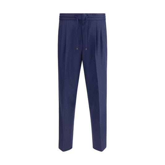 Brunello Cucinelli Blue Fleece Wool Casual Pants with drawstring waistband and mélange pattern.