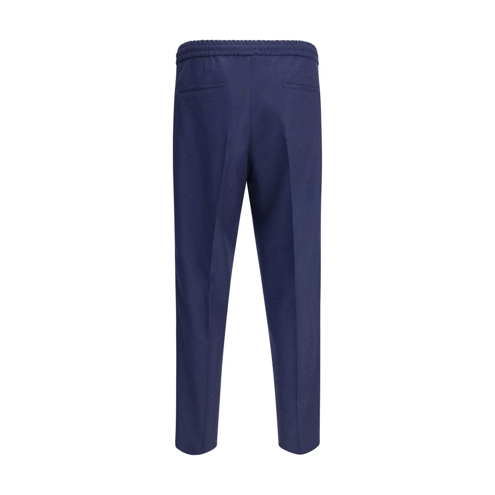 Back view of Brunello Cucinelli Blue Fleece Wool Casual Pants showing elastic waistband and welt pockets.