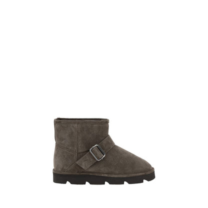 Brunello Cucinelli Brown Calf Leather Bos Taurus Ankle Boots with adjustable buckle and knurled sole for stability.