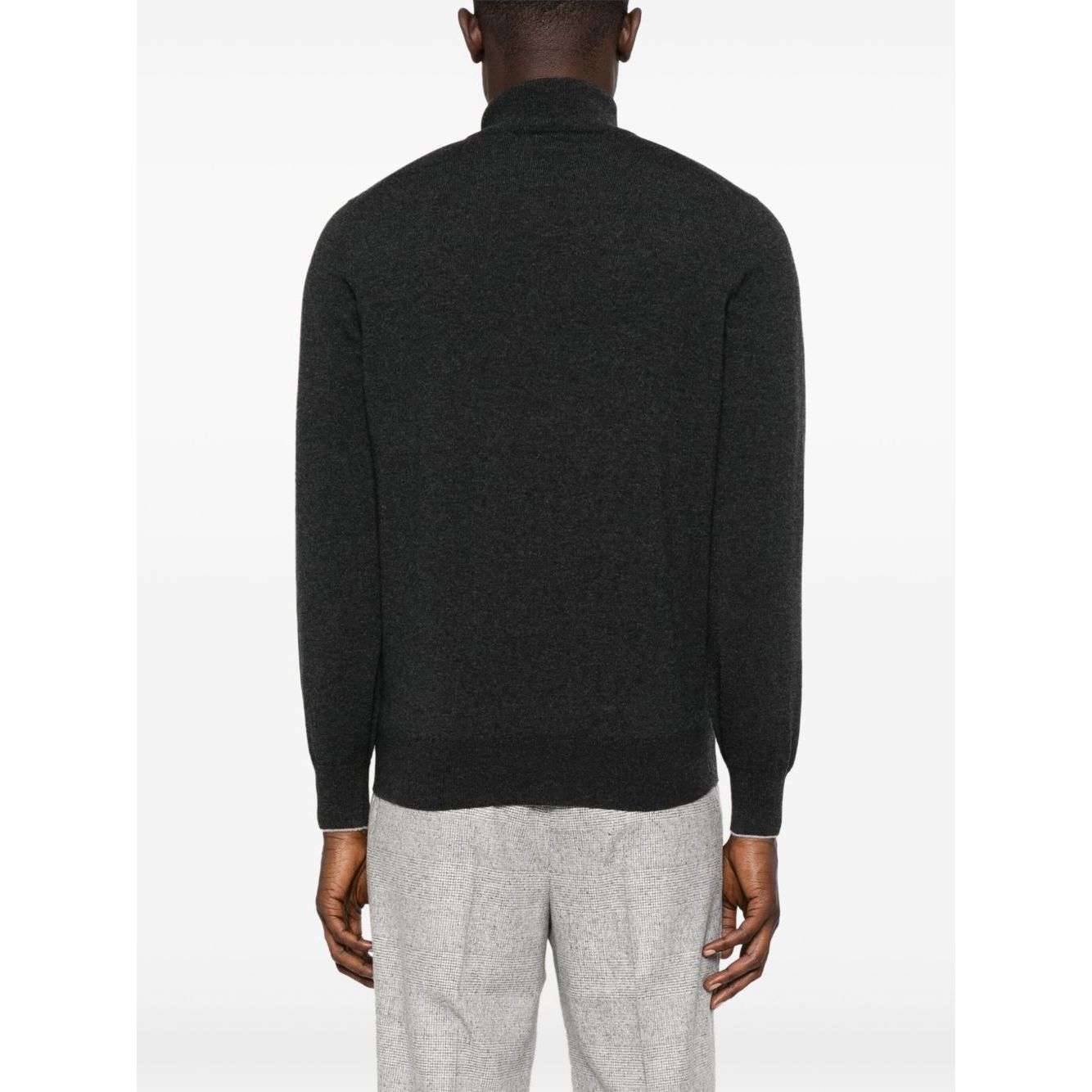Brunello Cucinelli Cashmere sweater in grey with high-neck, back view showing ribbed cuffs and hem, long sleeves design.