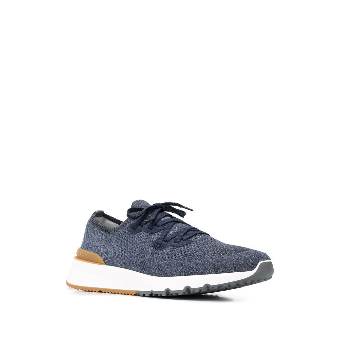Brunello Cucinelli Cotton chiné knit runners, mesh lace-up sneakers, round toe, platform sole, navy blue trainers side view