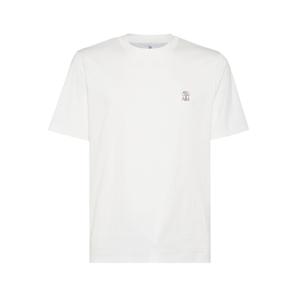 Brunello Cucinelli Cotton jersey crew neck T-shirt with logo - white short sleeve shirt with logo print on front, straight hem design