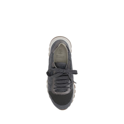 Brunello Cucinelli Gray Fleece Wool Sneakers, top view showcasing mélange fabric, lace-up closure, and knurled sole for extra grip.