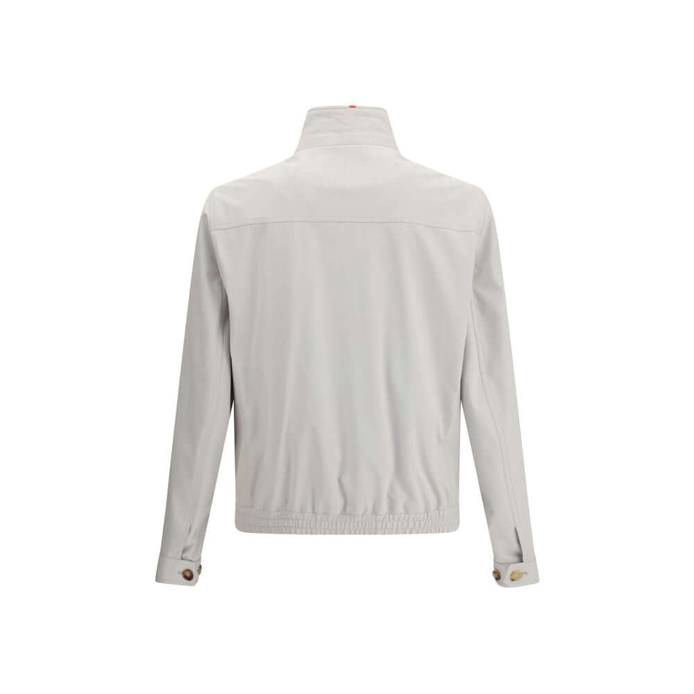 Back view of Brunello Cucinelli Gray Polyamide Shell Jacket with a structured collar and adjustable cuffs.