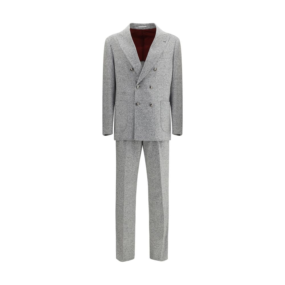 Brunello Cucinelli Gray Wool Two-Piece Suit with metal button closure and peaked lapels, showcasing refined and tailored elegance.