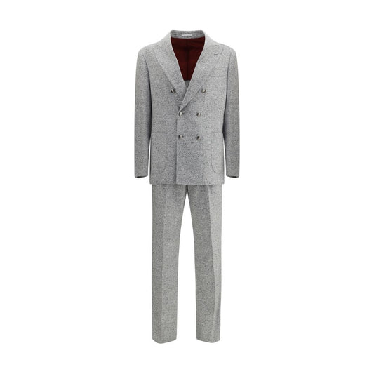 Brunello Cucinelli Gray Wool Two-Piece Suit with metal button closure and peaked lapels, showcasing refined and tailored elegance.