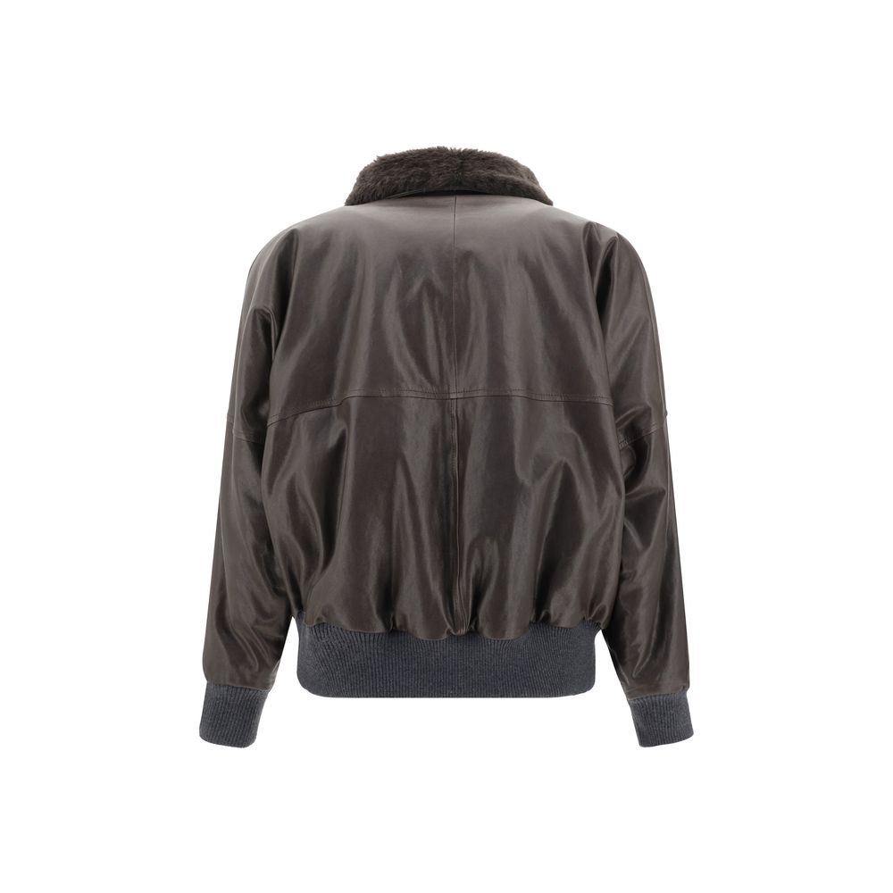 Back view of a Brunello Cucinelli Leather Jacket with classic collar and button details in a stylish design.