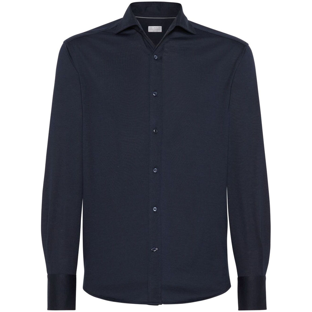 Brunello Cucinelli Shirts Blue silk and cotton blend with long sleeves and buttoned cuffs.