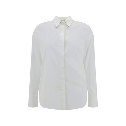 Brunello Cucinelli White Cotton Dress Shirt with classic collar and jewel embellishments, elegant and refined design.