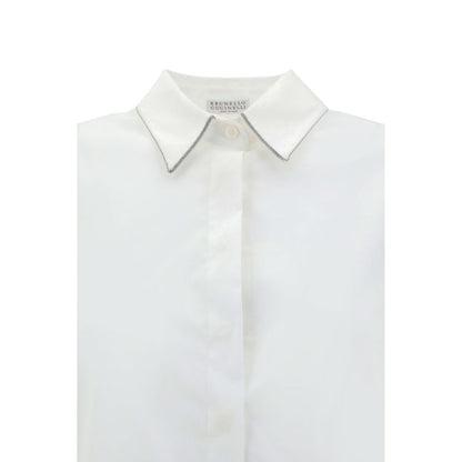 Brunello Cucinelli White Cotton Dress Shirt with jewel-embellished collar in high-quality poplin for elegant style and fit.