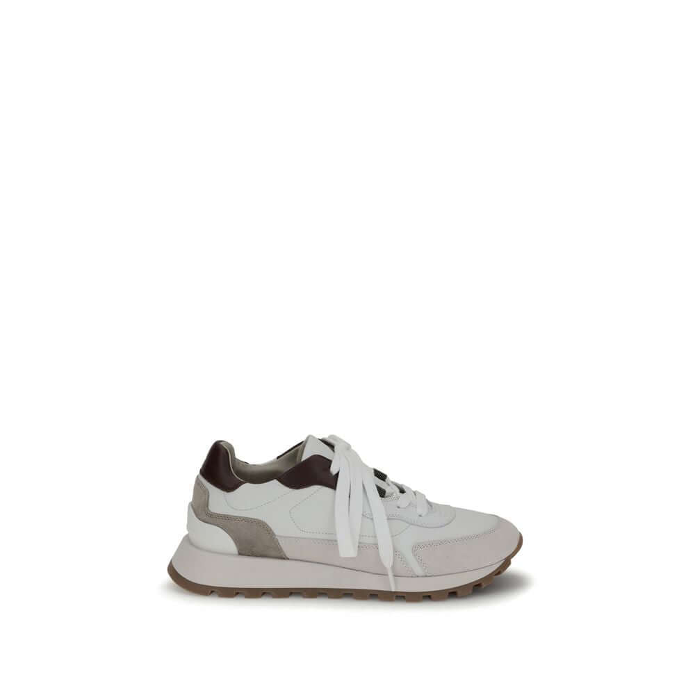 Brunello Cucinelli White Leather Athletic Sneakers with shiny jewel details, flat cotton laces, and lightweight microsole for comfort.