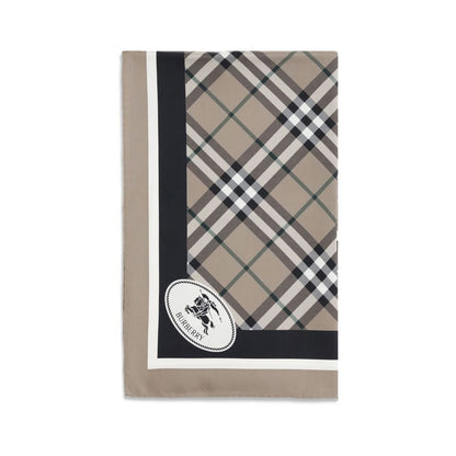 Burberry Beige Silk Scarf with Archive Check and Equestrian Knight logo, elegant British accessory, 100% fine silk, AW25 collection.
