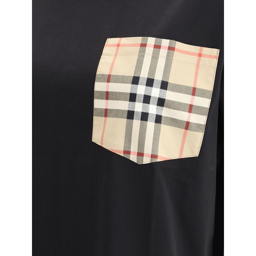 Burberry Black Cotton T-Shirt with Archive Check pocket detail, ribbed crew neck, and monochrome design, perfect for AW25 season.
