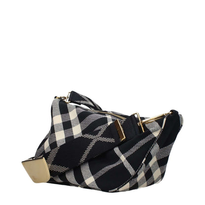 Burberry Black Fabric Crossbody Bag featuring check print, adjustable shoulder strap, zip closure, and two external pockets.