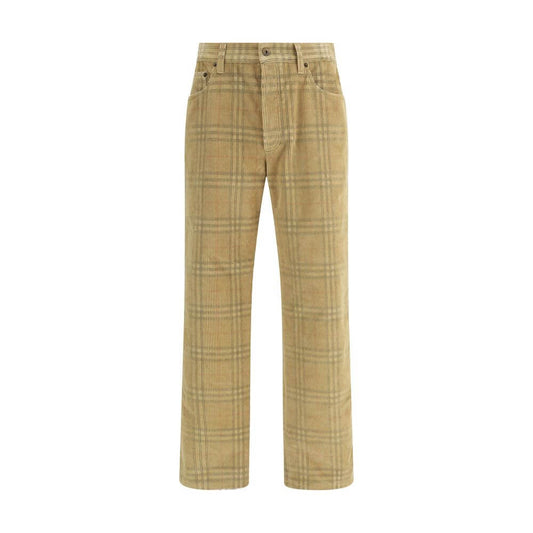 Burberry Brown Cotton Casual Pants with velvet ribbed design, Archivio Check motif, and logo leather patch, AW25, five-pocket style.