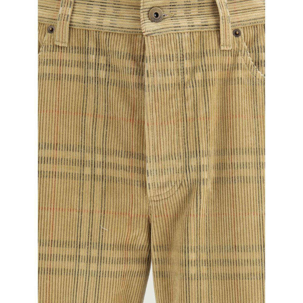 Burberry Brown Cotton Casual Pants with Archivio Check, velvet ribbed design, five-pocket, button fastening, belt loops, and logo patch.